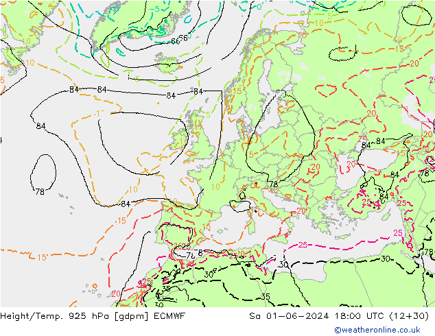 Height/Temp. 925 hPa ECMWF Sa 01.06.2024 18 UTC