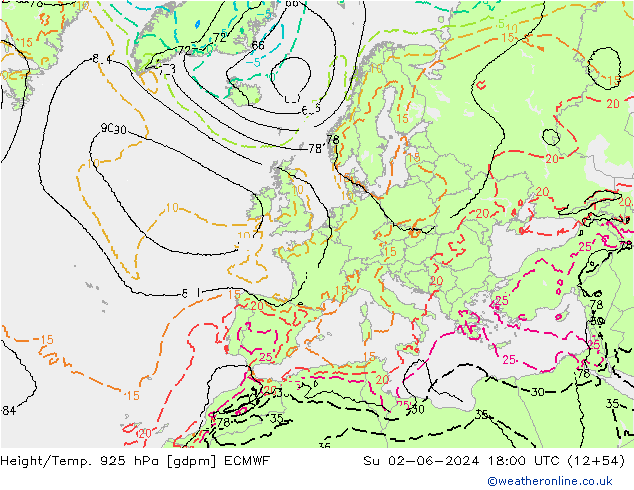 Height/Temp. 925 hPa ECMWF  02.06.2024 18 UTC