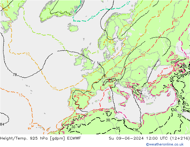 Height/Temp. 925 hPa ECMWF dom 09.06.2024 12 UTC