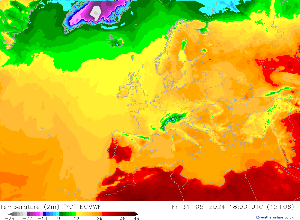 Temperature (2m) ECMWF Fr 31.05.2024 18 UTC