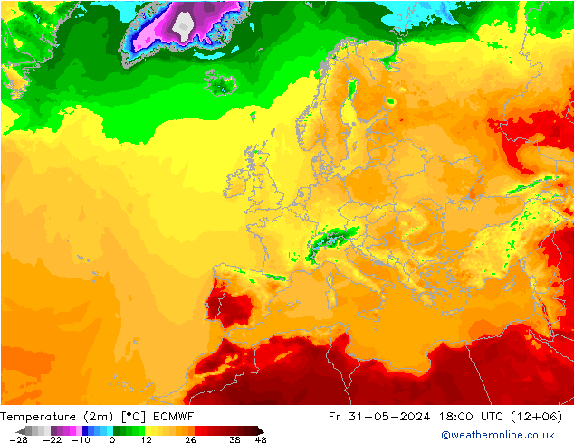 Temperature (2m) ECMWF Pá 31.05.2024 18 UTC