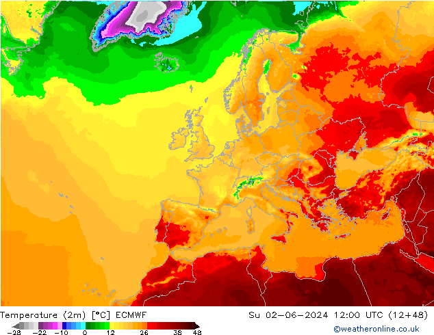 Temperatuurkaart (2m) ECMWF zo 02.06.2024 12 UTC