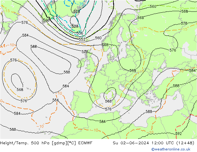 Height/Temp. 500 hPa ECMWF So 02.06.2024 12 UTC