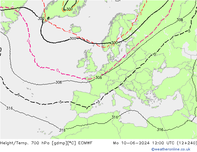 Height/Temp. 700 hPa ECMWF Po 10.06.2024 12 UTC