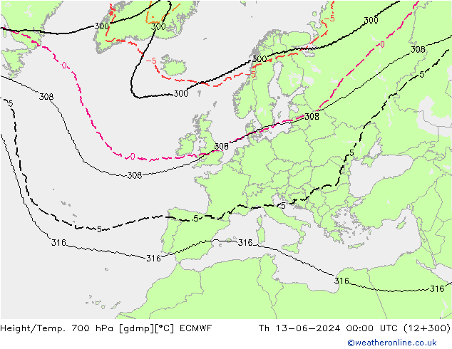 Height/Temp. 700 hPa ECMWF Do 13.06.2024 00 UTC