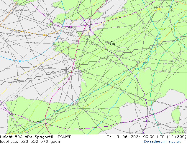 Height 500 hPa Spaghetti ECMWF Th 13.06.2024 00 UTC