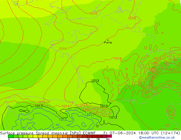 Atmosférický tlak Spread ECMWF Pá 07.06.2024 18 UTC