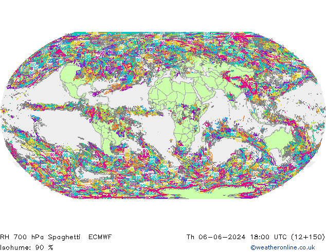 RH 700 гПа Spaghetti ECMWF чт 06.06.2024 18 UTC