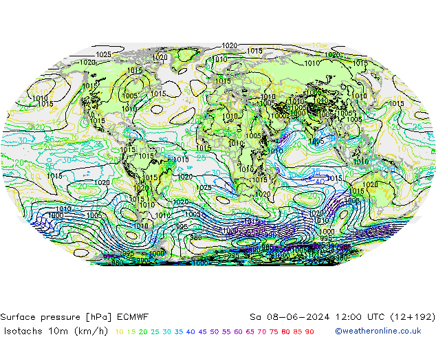 Eşrüzgar Hızları (km/sa) ECMWF Cts 08.06.2024 12 UTC