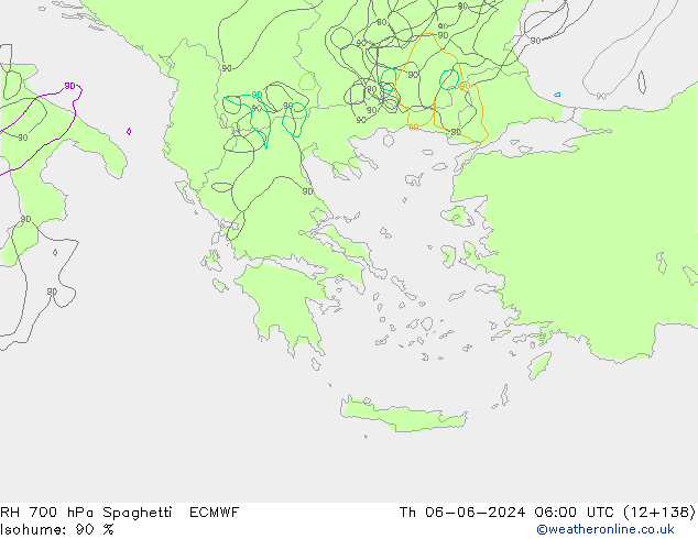 RH 700 hPa Spaghetti ECMWF Qui 06.06.2024 06 UTC