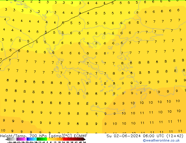 Géop./Temp. 700 hPa ECMWF dim 02.06.2024 06 UTC