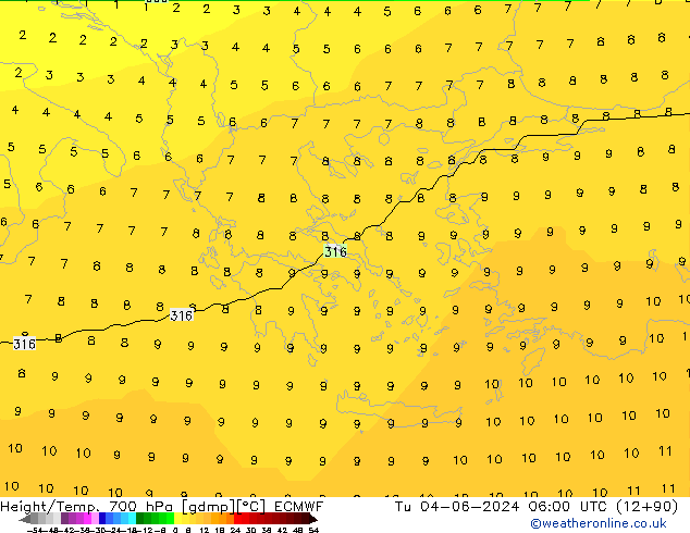 Yükseklik/Sıc. 700 hPa ECMWF Sa 04.06.2024 06 UTC