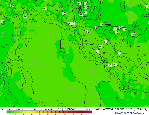 Temperature 2m Spread ECMWF Po 03.06.2024 18 UTC