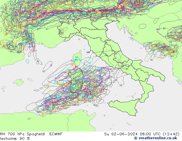 RH 700 hPa Spaghetti ECMWF Su 02.06.2024 06 UTC