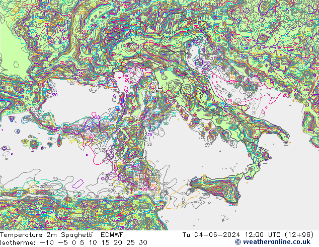 карта температуры Spaghetti ECMWF вт 04.06.2024 12 UTC