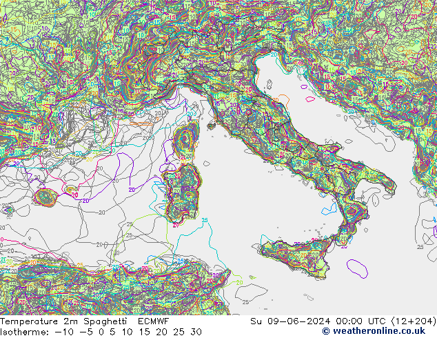 Temperatura 2m Spaghetti ECMWF dom 09.06.2024 00 UTC
