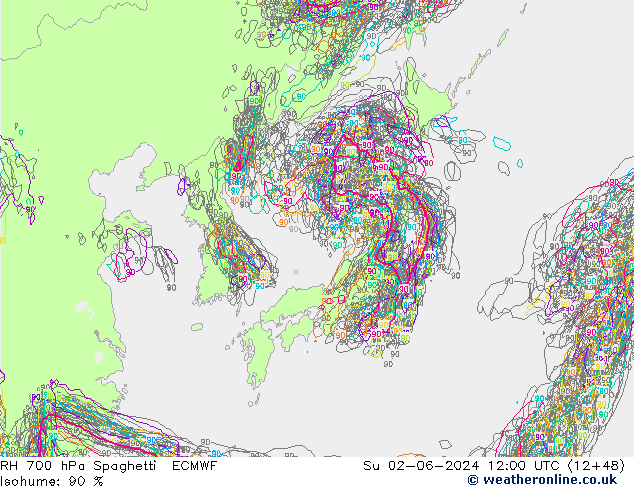 RH 700 hPa Spaghetti ECMWF So 02.06.2024 12 UTC