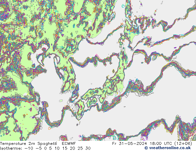 Temperatura 2m Spaghetti ECMWF ven 31.05.2024 18 UTC