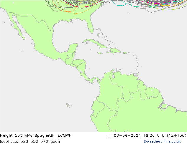 Height 500 hPa Spaghetti ECMWF gio 06.06.2024 18 UTC