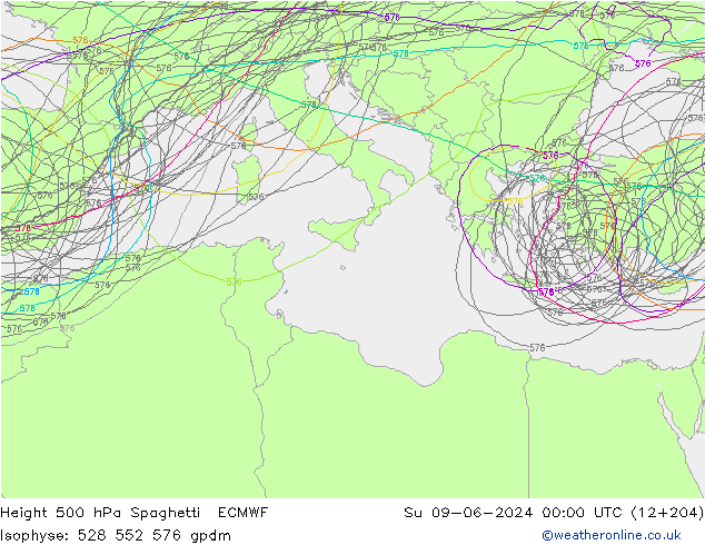 Height 500 hPa Spaghetti ECMWF dom 09.06.2024 00 UTC