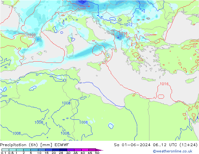Precipitación (6h) ECMWF sáb 01.06.2024 12 UTC