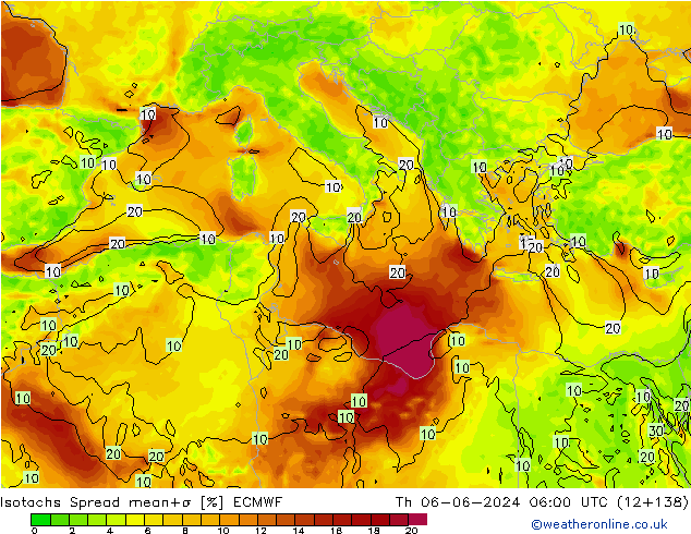 Isotachs Spread ECMWF Čt 06.06.2024 06 UTC