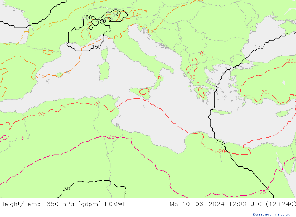 Yükseklik/Sıc. 850 hPa ECMWF Pzt 10.06.2024 12 UTC
