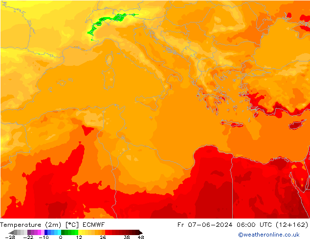 Temperatuurkaart (2m) ECMWF vr 07.06.2024 06 UTC