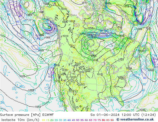 Isotaca (kph) ECMWF sáb 01.06.2024 12 UTC