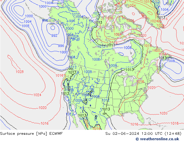 Presión superficial ECMWF dom 02.06.2024 12 UTC