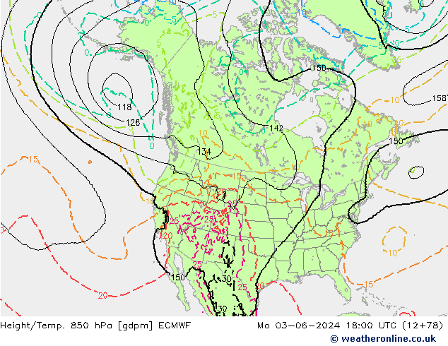 Height/Temp. 850 hPa ECMWF Po 03.06.2024 18 UTC