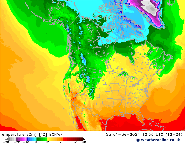 Temperature (2m) ECMWF Sa 01.06.2024 12 UTC