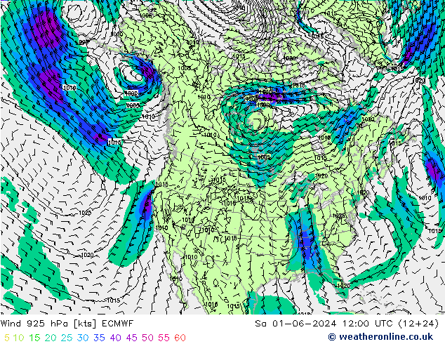 Vento 925 hPa ECMWF sab 01.06.2024 12 UTC