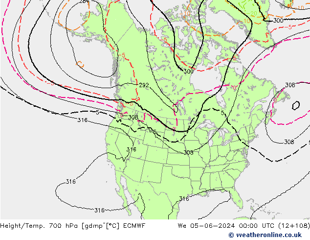 Height/Temp. 700 hPa ECMWF Qua 05.06.2024 00 UTC