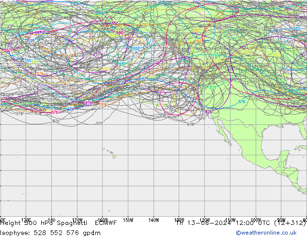 Height 500 hPa Spaghetti ECMWF Qui 13.06.2024 12 UTC