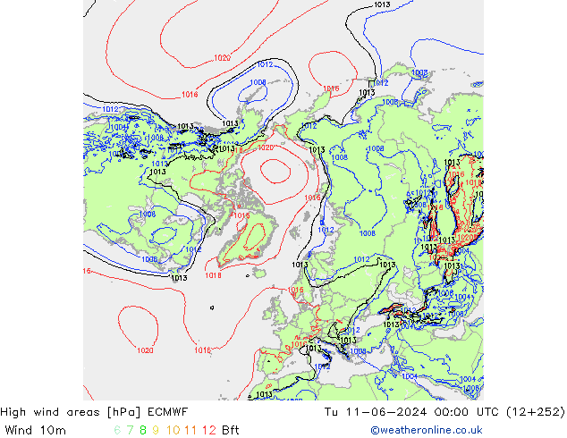 High wind areas ECMWF Út 11.06.2024 00 UTC