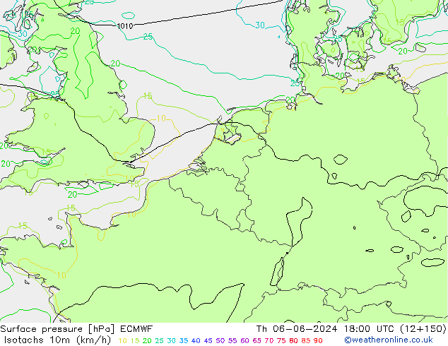 Isotachen (km/h) ECMWF Do 06.06.2024 18 UTC