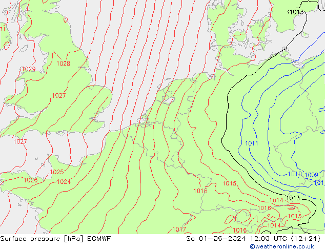 Presión superficial ECMWF sáb 01.06.2024 12 UTC