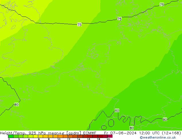 Hoogte/Temp. 925 hPa ECMWF vr 07.06.2024 12 UTC