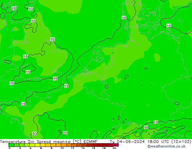 Temperature 2m Spread ECMWF Út 04.06.2024 18 UTC
