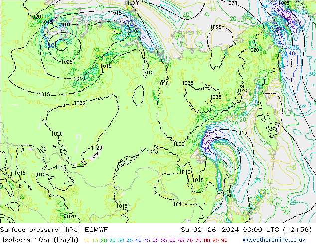 Isotachs (kph) ECMWF Ne 02.06.2024 00 UTC