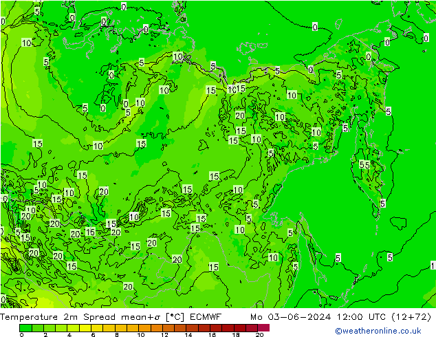 Temperatura 2m Spread ECMWF lun 03.06.2024 12 UTC