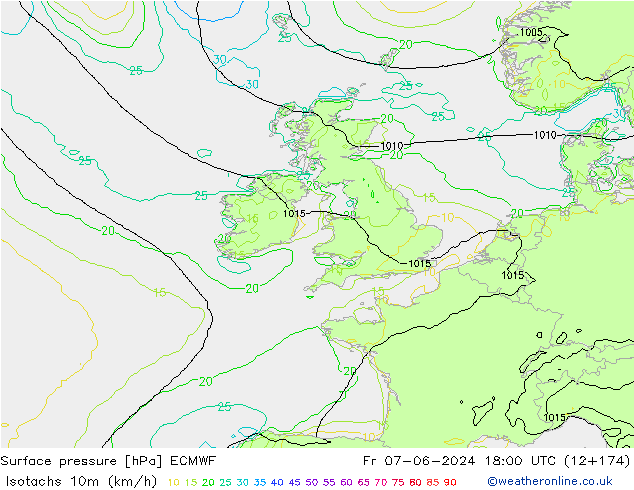 Isotachen (km/h) ECMWF Fr 07.06.2024 18 UTC