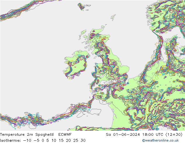 mapa temperatury 2m Spaghetti ECMWF so. 01.06.2024 18 UTC