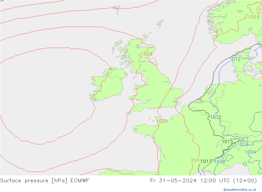 Luchtdruk (Grond) ECMWF vr 31.05.2024 12 UTC