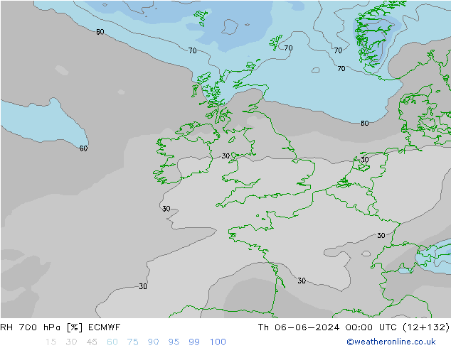 RH 700 hPa ECMWF Čt 06.06.2024 00 UTC