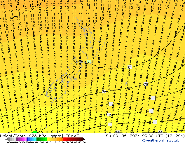 Hoogte/Temp. 925 hPa ECMWF zo 09.06.2024 00 UTC