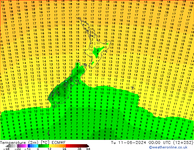 Temperaturkarte (2m) ECMWF Di 11.06.2024 00 UTC