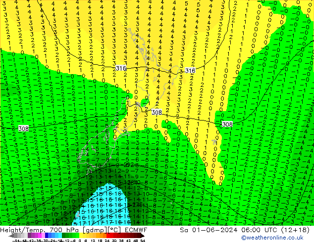 Height/Temp. 700 hPa ECMWF Sa 01.06.2024 06 UTC