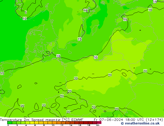 Temperature 2m Spread ECMWF Pá 07.06.2024 18 UTC
